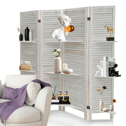 4-Panel White Room Divider with Shelves – Folding Privacy Screen & Portable Room Partition | Rustic Style Wall Divider for Bedroom, Living Room & Home Office