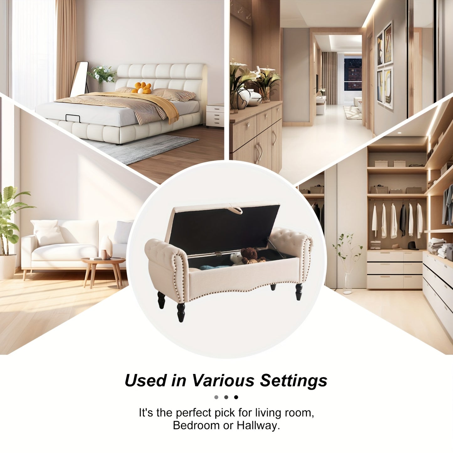 Mid-Century Modern Large Capacity Wooden Storage Box, Bedroom End of Bed Chair with Roll-Up Arms - Spacious Storage Space, Flip-Top Design, Perfect for Bedroom, Living Room, Hallway - Durable, Sturdy, Easy to Assemble