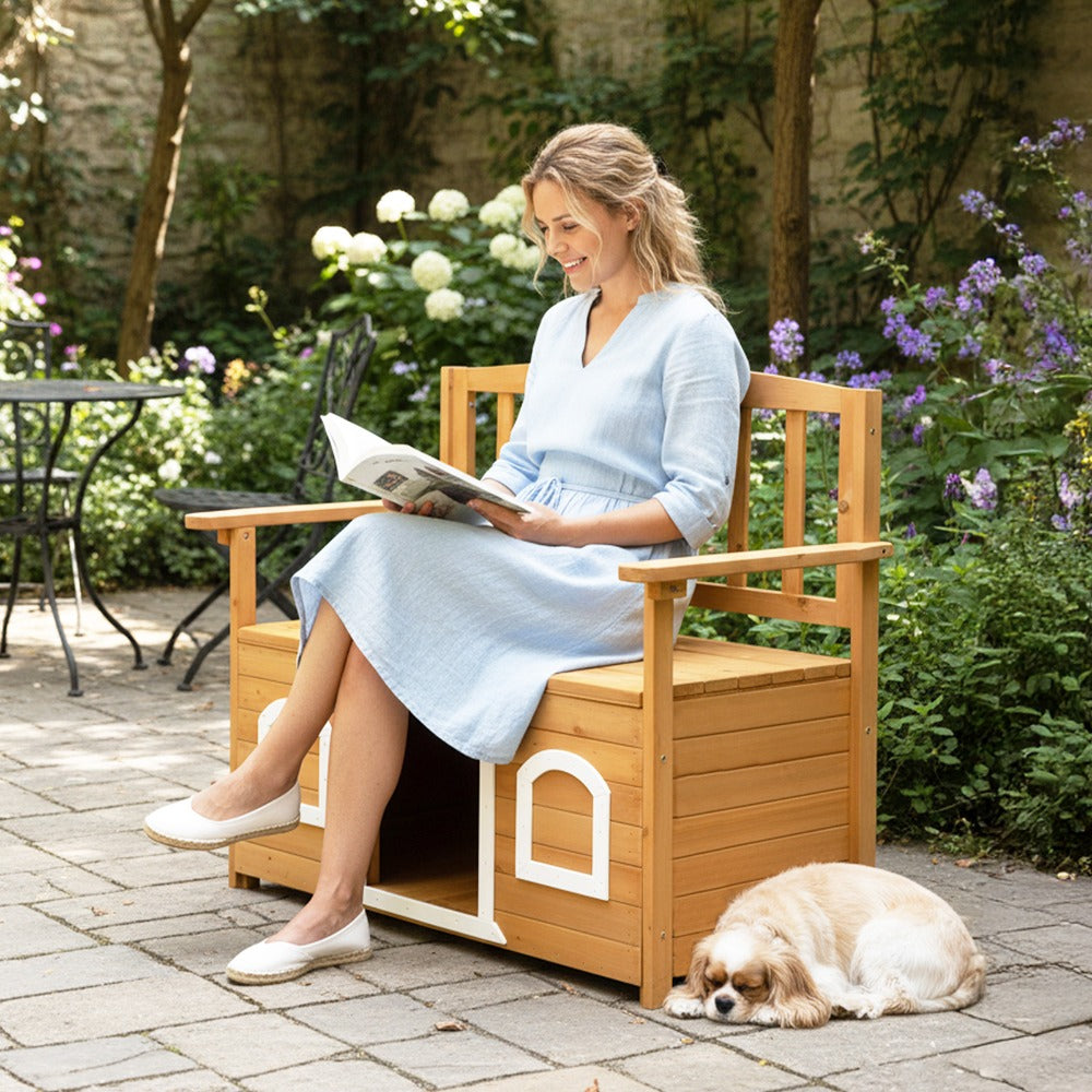 Versatile Wooden Bench for Outdoors, Garden with Dog Shelter, Featuring Storage Area, Outdoor Furniture, Ideal for Patios, Yards, And Verandas