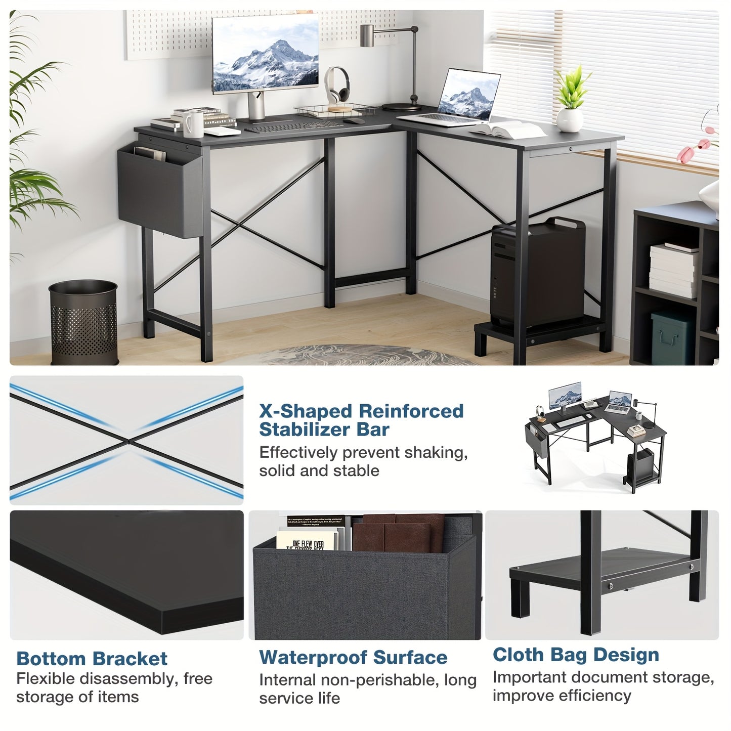 L-Shaped Computer Desk, Wooden Corner, PC Computer Desk with Storage Pocket for Home, Office And Game Room, Black