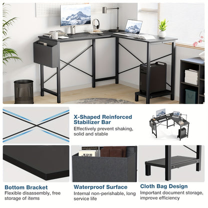 L-Shaped Computer Desk, Wooden Corner, PC Computer Desk with Storage Pocket for Home, Office And Game Room, Black