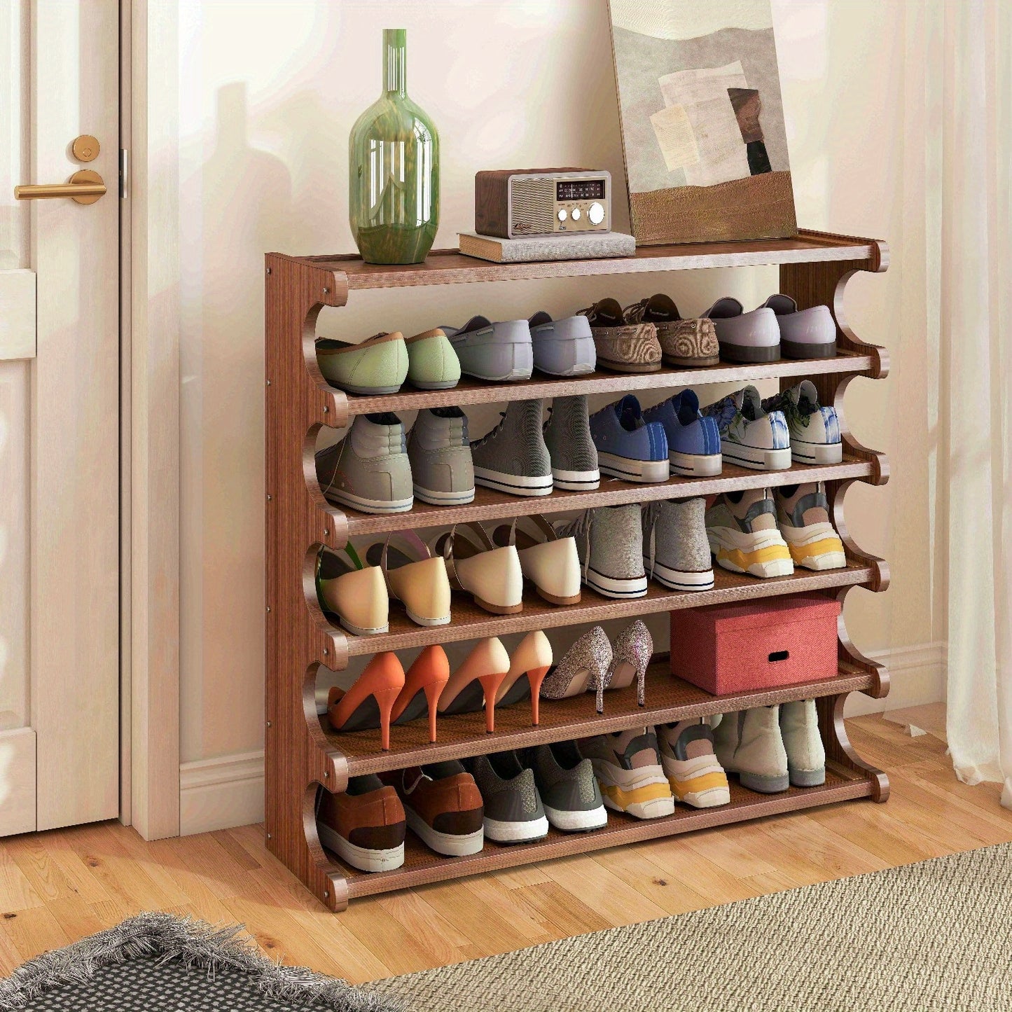 5Th/ 6Th Floor Desktop Storage Rack, Shoe Storage Rack, Space-Saving Multi-Layer Independent Design, Wood Grain End, Easy to Assemble Self-Standing Three-Dimensional Shoe Cabinet, Suitable for Dormitory And Entrance, Brown Standing Storage Rack