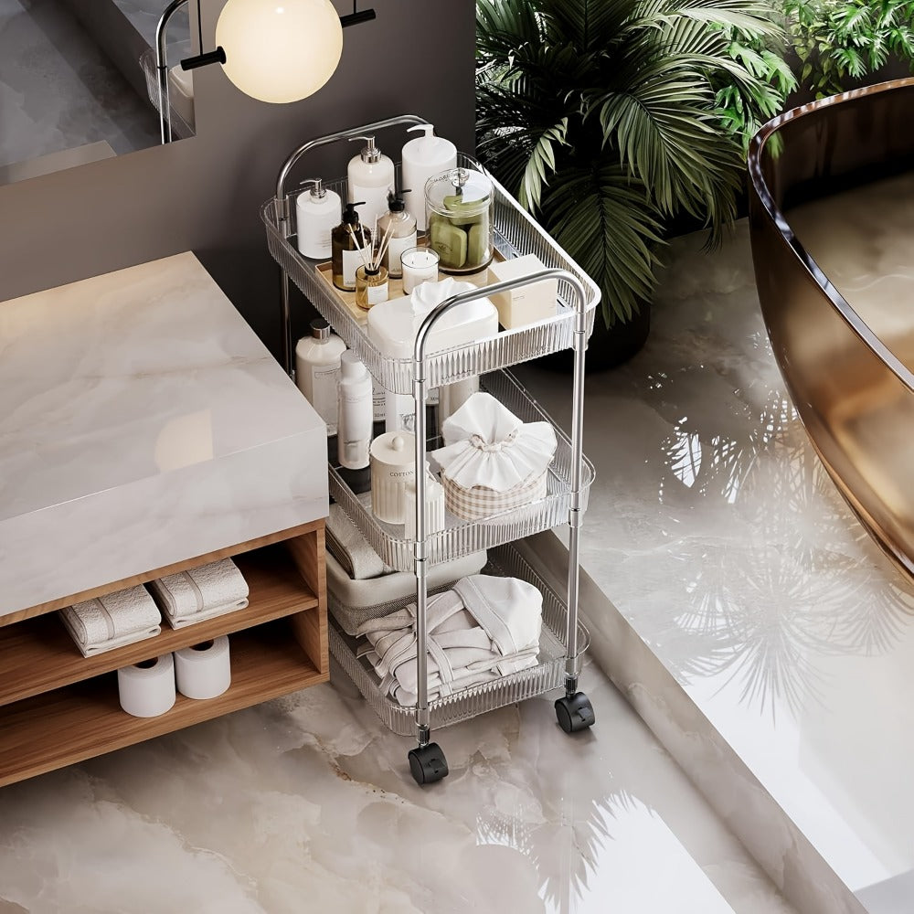 Rolling Storage Cart with Hanging Baskets, 3 or 4 Tier Acrylic Transparent Utility Cart with 360° Silent Wheels, Multifunctional Organizer for Bathroom Kitchen Bedroom Dorm Office Bar Nursery