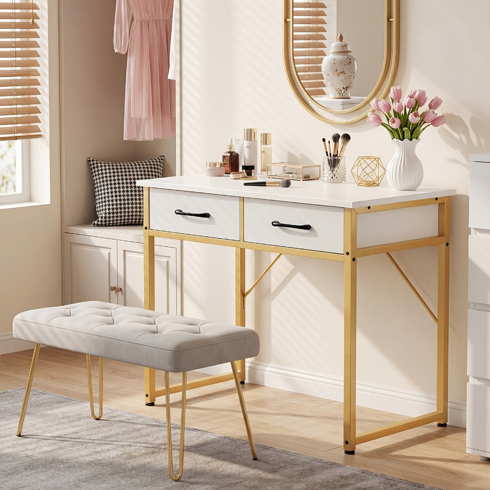 32" Small Computer Desk & Vanity Table with 2 Drawers & Headphone Hook – Compact Writing Desk for Home Office, Bedroom & Study, Modern Space-Saving Design, White or White-Gold