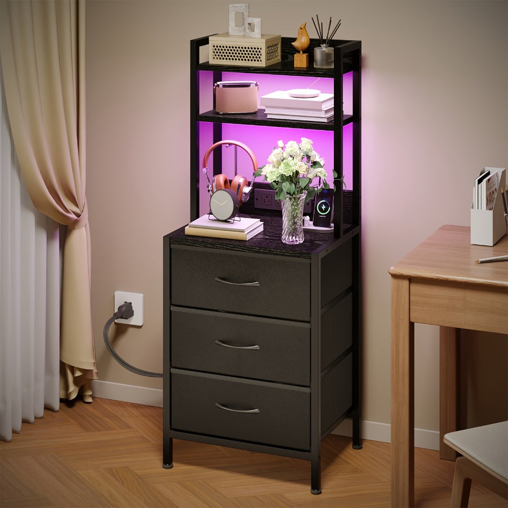WHONLINE 41'' LED Nightstand with Ports & Outlets, Tall Bedside Table with Charging Station, 3-Drawer PU Fabric Storage Cabinet, Heavy Duty End Table, Modern Dorm Room Essentials, Apartment Small Space Organizer