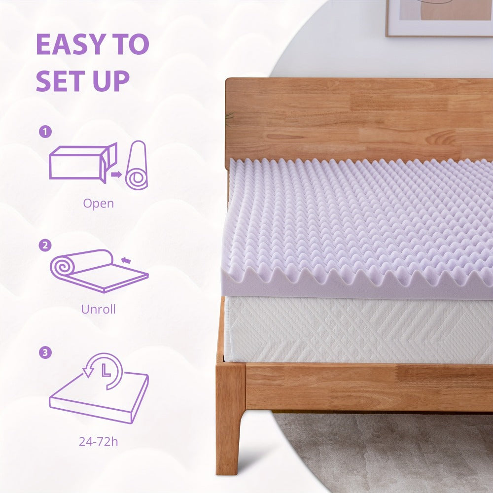 Egg Crate Mattress Topper Lavender Infused Memory Foam 2 3 4 Inch, Cooling Ventilated Soft Bed Topper for Pressure Relief & Support, Twin Full Queen King, Mattress Topper in a Box