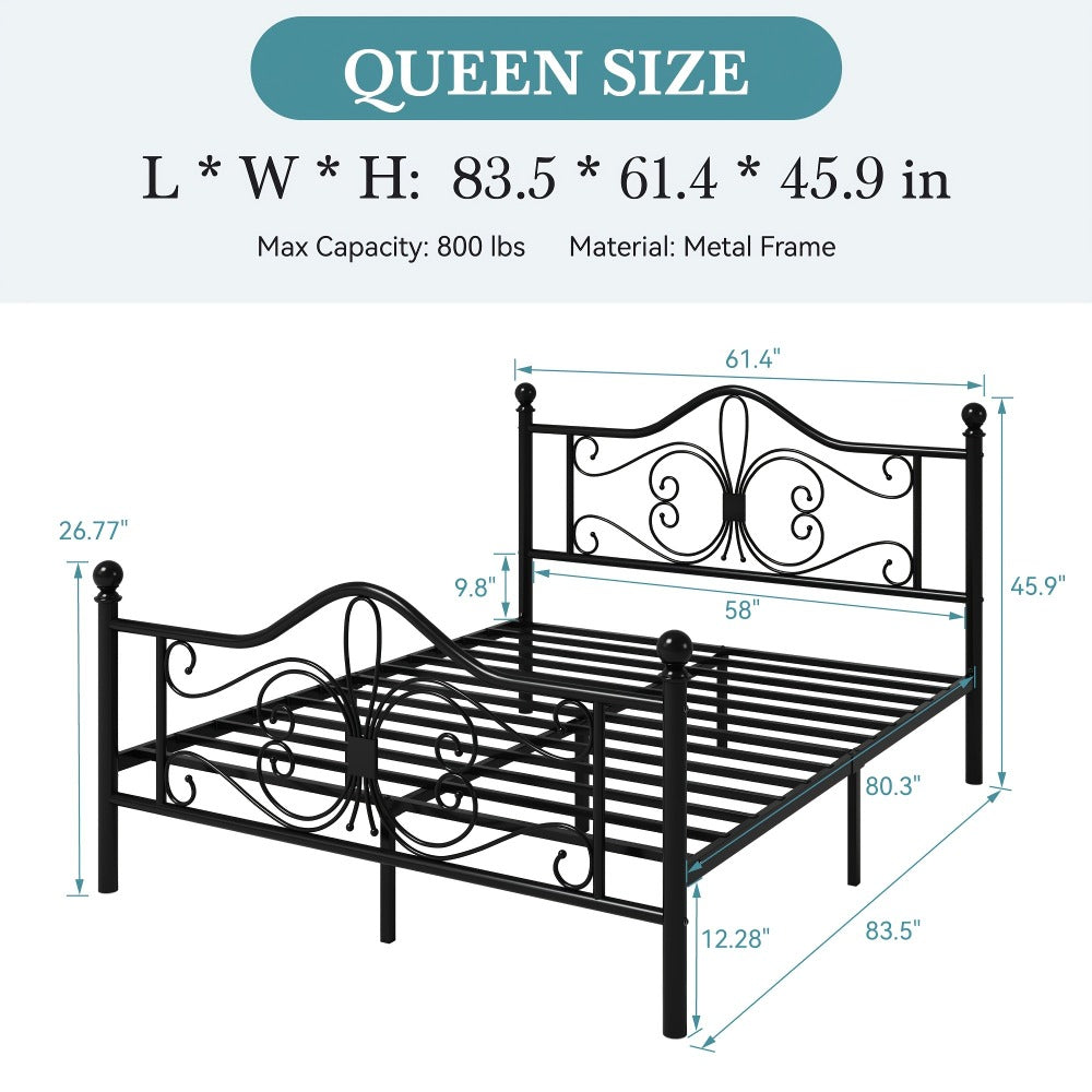Metal Platform Bed Frame with Butterfly Pattern Headboard & Footboard – No Box Spring Required, Easy Assembly | Modern Decorative Bed Frame for Bedroom | Furn Mivo