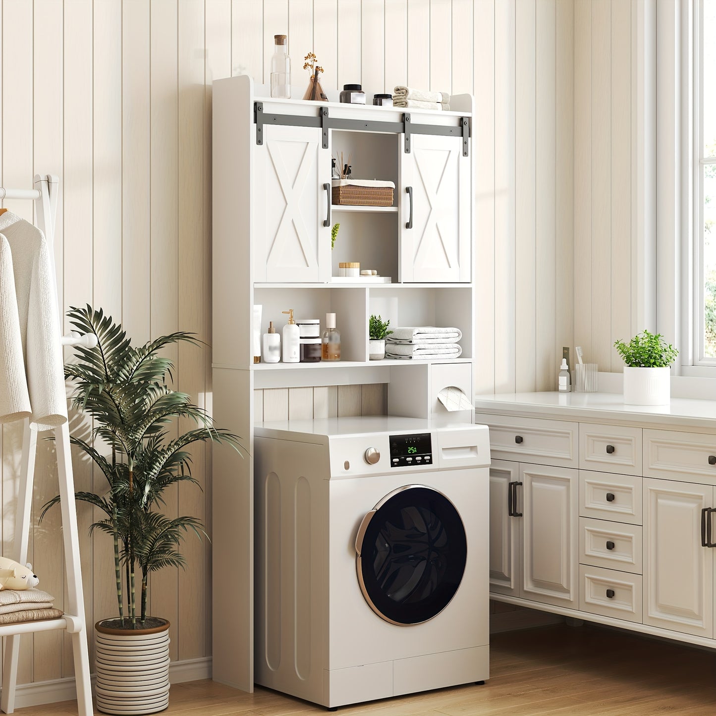 Over-The-Toilet Storage Cabinet with Toilet Paper Holder Stand - Space-Saving -Standing Bathroom Shelf, /Plywood Suitable for Bathroom, Restroom, Laundry Room, Modern with Assembly (No Wall-Mount)