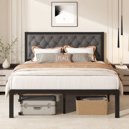 Upholstered Bed Frame with Button Tufted Headboard, Noise-Free Steel Slat Support with Silent Strips, 12.6" Under-Bed Storage Space, Sturdy Metal Platform Bed, Easy Assembly, No Box Spring Needed, Queen, Full, Twin