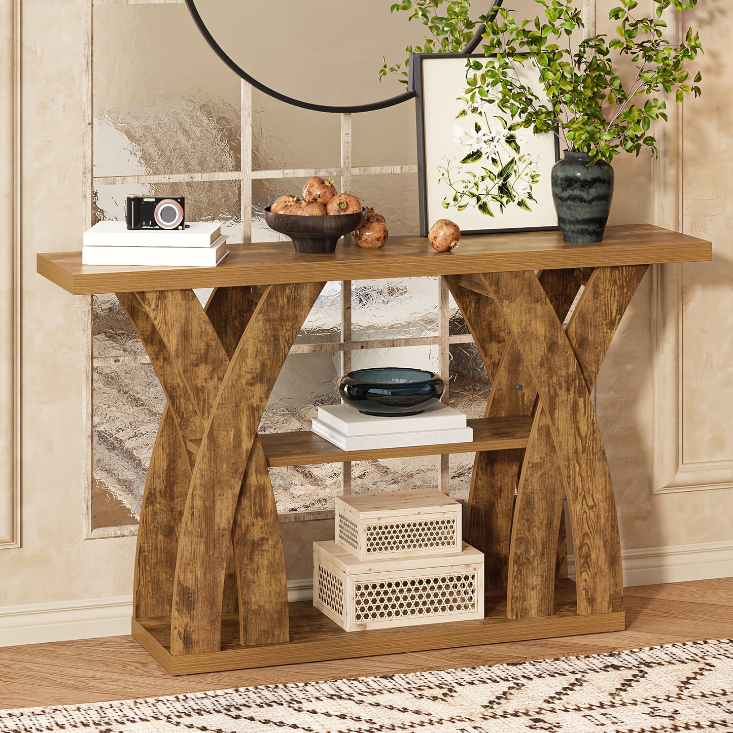55 "Wooden Rustic Console Table, X-Shaped Leg Design, 2-Tier Shelf. Multifunctional Storage. Suitable for Use Behind The Sofa in The Living Room, in The Corridor, in The Entrance Hall, Or at The Entrance. Light Brown And Tiger Brown