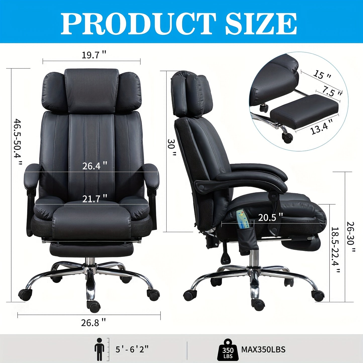 Big And Tall Massage Office Chair PU Leather Executive Desk Chair 500 Lbs Capacity, Reclining, Heated, 8 Vibration Points, Adjustable Footrest And Headrest