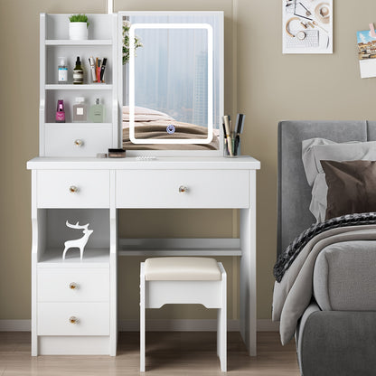 Vanity Desk, Makeup Vanity Desk with Mirror And Lights, Vanity Table Set with 5 Drawers, Stool And Open Shelves, 3 Light Settings Adjustable Brightness, White