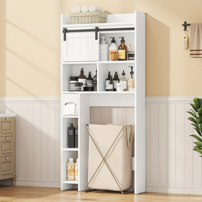 Over The Toilet Storage Cabinet with Sliding Door & Toilet Paper Holder Stand - Space-Saving Bathroom Organizer with Upper Shelf, Lower Storage & Door Storage, Freestanding Floor Cabinet for Bathroom, Restroom - Easy Assembly, No Tools Required, Modern Bl