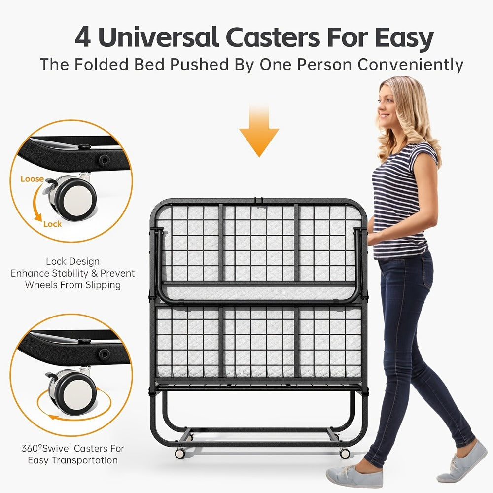 Folding Bed Portable Roll Away Guest Bed 75x31 Inch 4-Section Fold Flat with Sturdy Metal Frame, Wheels & Grey Fabric Cover - Adult Sleeping Bed for Guest Room, Camping, Dorm, Small Apartment
