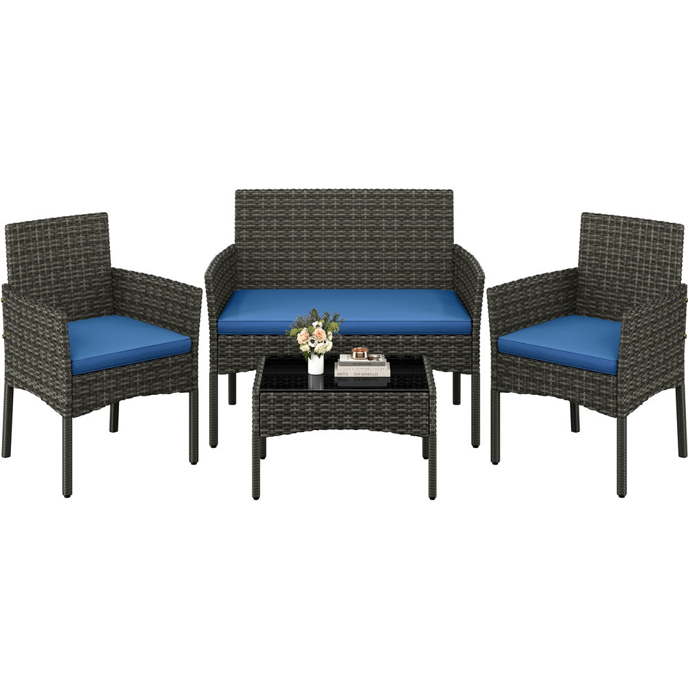 Costoffs Patio Furniture Set 4 Pieces Conversation Sets, Rattan Chair Wicker Set Loveseat with Soft Cushion and Glass Table Halloween Patio Furniture for Backyard Porch Garden Poolside Balcony