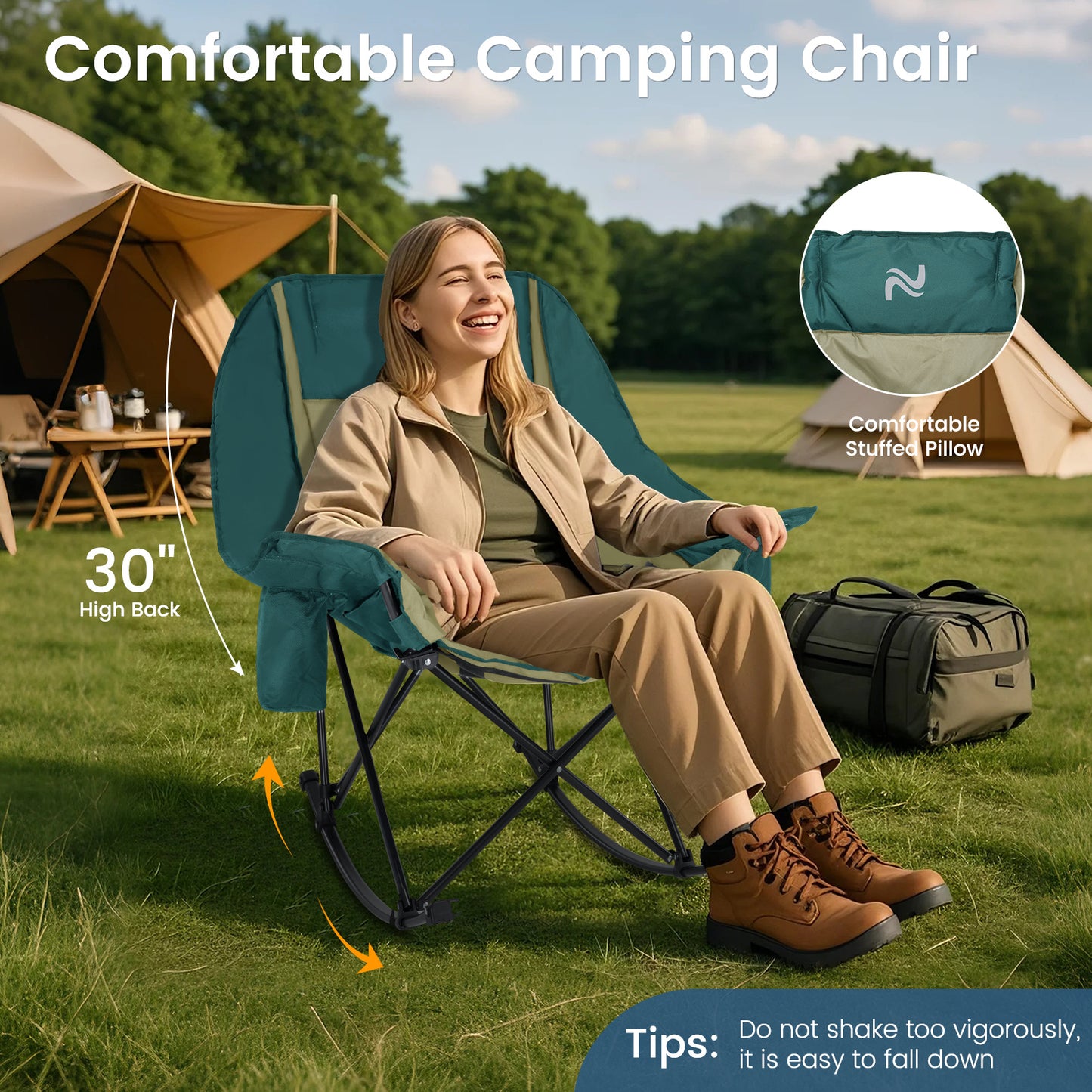 Oversized Rocking Camping Chair, Fully Padded Patio Chair with Cooler Bag and Side Pocket, High Back Portable Lawn Recliner Rocker Chairs for Camp, Patio, Supports 400 lbs