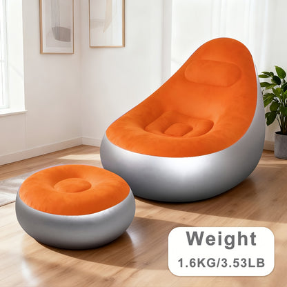 Adult Inflatable Deck Chairs Recliner with Foot Stool Inflatable Patio Lounge Sofa with Foot Pump Heavy-Duty Portable Folding Air Couch Ultra Lounge Space-Saving Indoor/Outdoor Lounge Chair for Living Room Camping Travel Balcony-Easy Setup & Storage