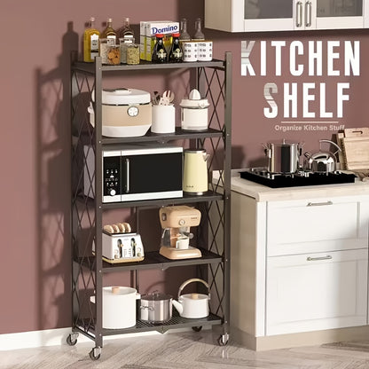 3/4/5-Tier Heavy-Duty Foldable Storage Shelf with Wheeled Shelves for Living Room, Kitchen, Garage, Office, Industrial - Space-Saving Baking Storage Rack Storage And Organization, No Assembly Required Folding Storage Shelf