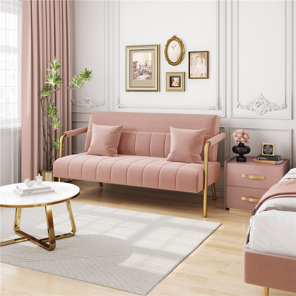 Costoffs Velvet Fabric Sofa Couch, 56.5″ W Modern Loveseat Couch with Gold-tone Metal Arms, Legs & 2 Pillows, Sofa for Living Room, Bedroom Furniture