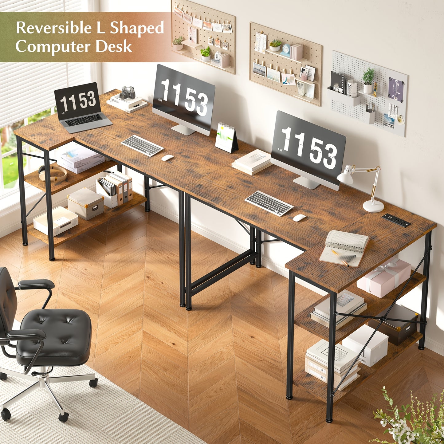 L Shaped Computer Desk with Power Outlets, Computer Desk with Storage Shelves, Home Office Corner Desk for Work, Writing Study Desk with Gaming Desk for Bedroom Office Dorm, L Shaped Desk, Desk, Desk, Computer Desk, Desk Gaming