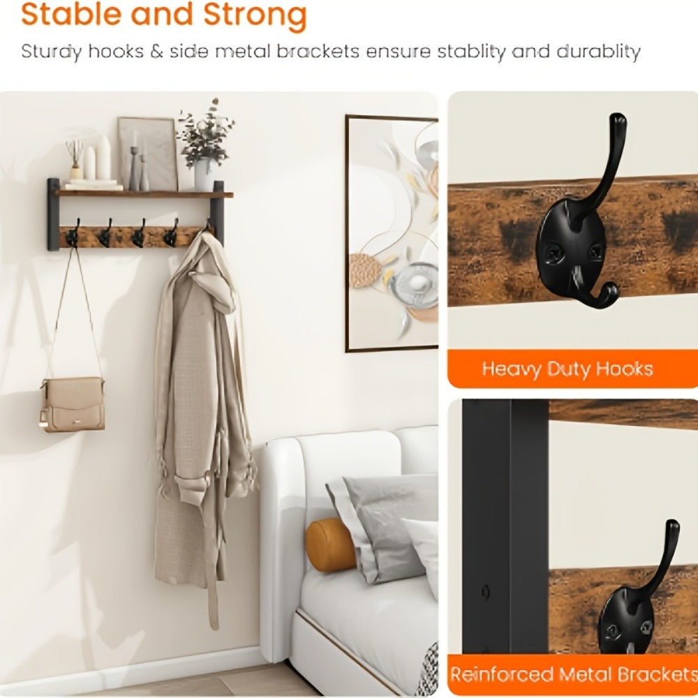 Wall-Mounted Coat Rack with Shelf & Hooks Heavy Duty Industrial Metal, Rustproof Entryway Organizer Multi-Tier Storage for Hallway Mudroom Porch, No Assembly Required Vintage Style