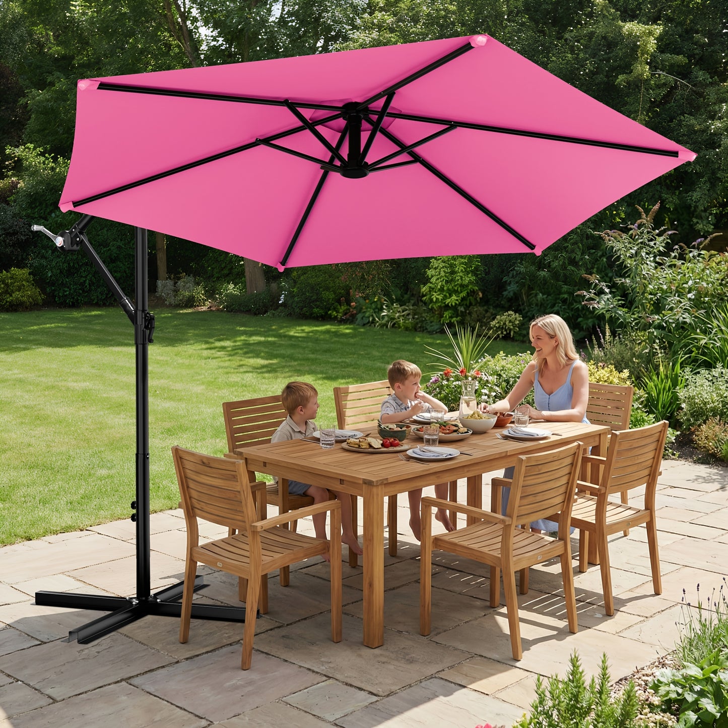 10-Foot Cantilever Patio Umbrella Featuring an Infinite Tilt Mechanism, Offset Outdoor Umbrella with a Cross Base, Durable Crank Lift Market Umbrella Suitable for Yards, Gardens, And Decks (Weighted Base Sold Separately)