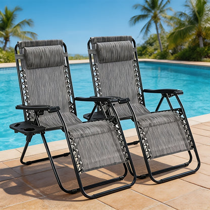 2pcs Zero Gravity Chairs, Outdoor Folding Recliner Lounge Chair, Breathable Fabric Adjustable Reclining Patio Chair With Cup Holder Trays & Headrest Pillow For Beach Camping Poolside Backyard Garden Lawn