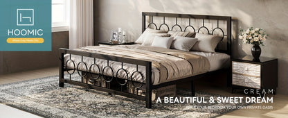 Metal Platform Bed Frame with Vintage Circular Design Headboard and Footboard Under Bed Storage No Box Spring Twin Full Queen King Black Brown