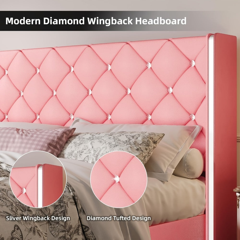 Diamond Tufted Bed Frame with Wingback Headboard & Silvery Side Wings – Upholstered, No Box Spring, Twin Full Queen King, 6 Colors