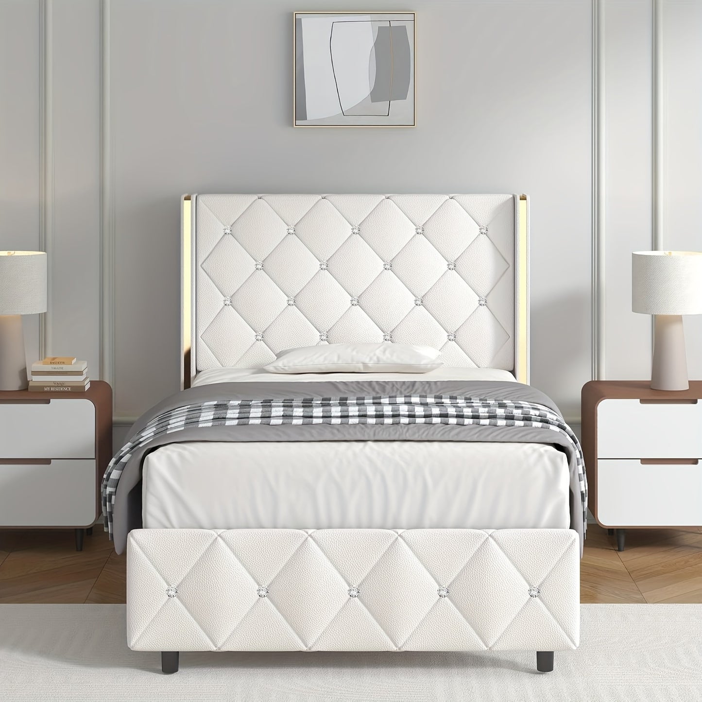 Twin Full Queen King Size Bed Frame, Upholstered Bed Frame with Diamond Tufted Headboard, Modern Silvery Side Wing Back, No Box Spring Needed, Easy Assembly, Purple, Black, Blue, Green, Pink, White