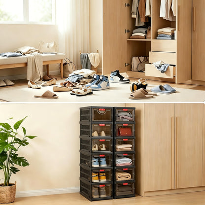 Black Shoe Storage Cabinet 5/6 Tier Foldable Modular with Flip-Top Lid & Clear See-Through Window, Stackable Shoe Organizer for Entryway Closet Bedroom