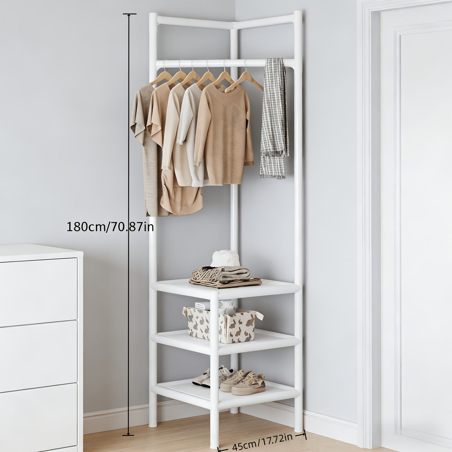 Corner Clothes Hanger with Shelves, Two-tier And Three-tier Freestanding Corner Storage Racks, Multi-functional Corner Coat Rack with Hanging Rods, Suitable for Entryways, Bedrooms, Bathrooms, Available In White/black
