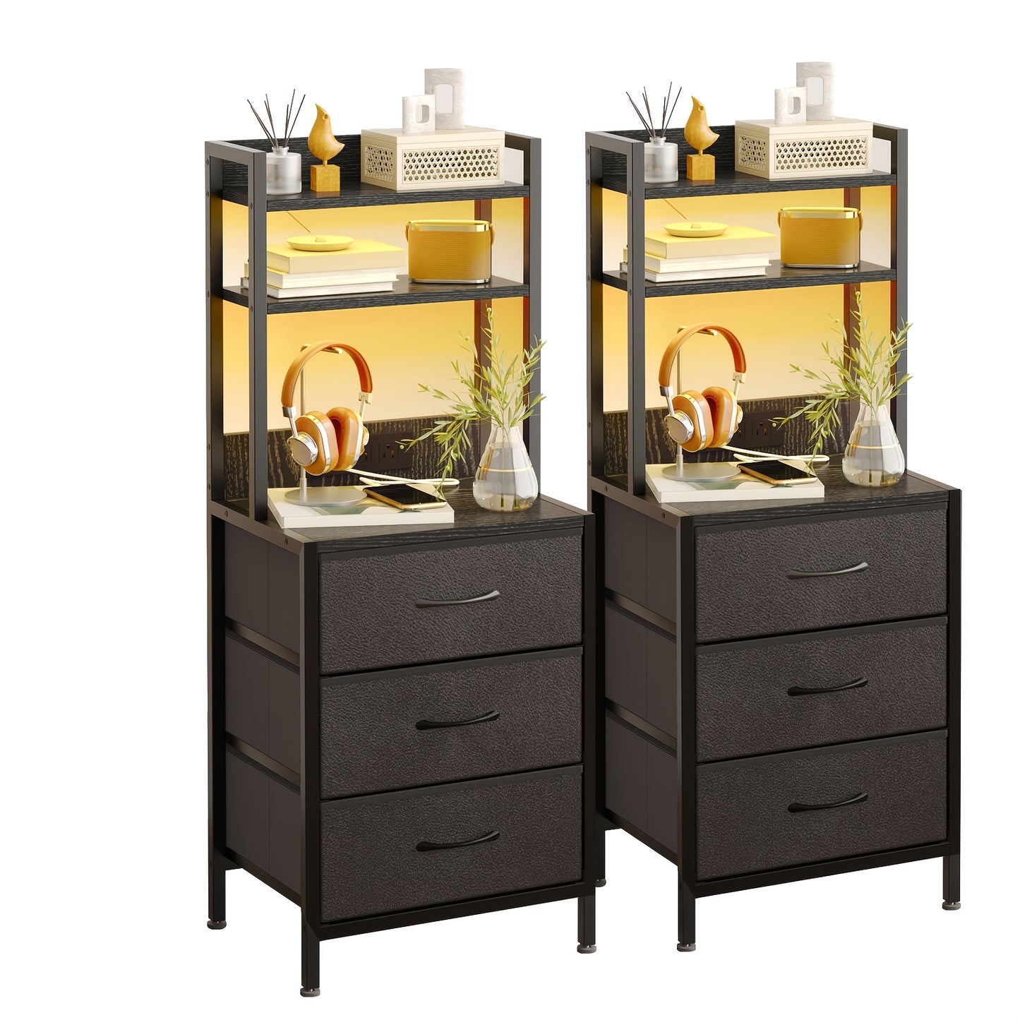 41/47'' LED Nightstand With USB Ports & Outlets, Tall Bedside Table With Charging Station, 3/4-Drawer PU Fabric Storage Cabinet, Heavy Duty End Table For Apartment, Dorm Room & Living Room Decor, Black&Brown&White