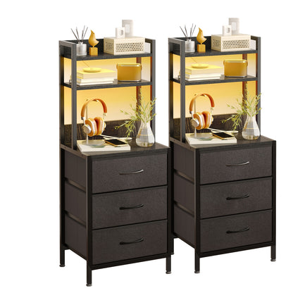 41/47'' LED Nightstand With USB Ports & Outlets, Tall Bedside Table With Charging Station, 3/4-Drawer PU Fabric Storage Cabinet, Heavy Duty End Table For Apartment, Dorm Room & Living Room Decor, Black&Brown&White