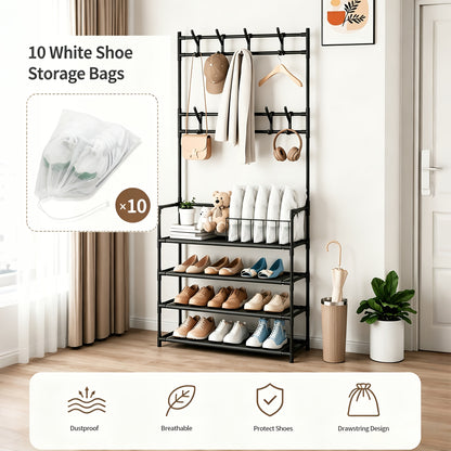 5-Tier & 3-Tier Multifunctional Storage Rack, Entryway Organizer for Shoes & Hats, Ideal for Home, Living Room, Dorm, with 10 White Shoe Storage Bags Included