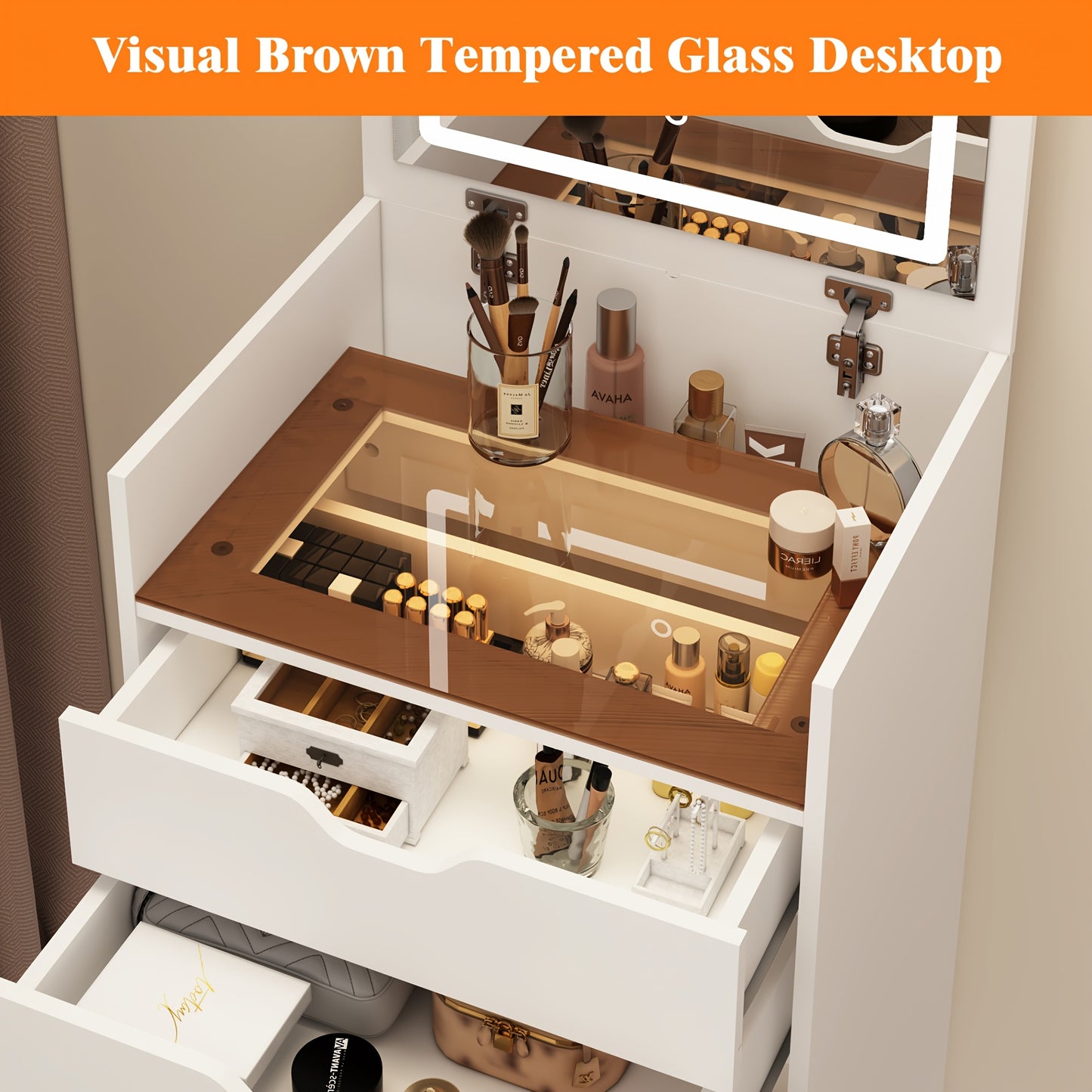 [3-In-1 Vanity Desk] 3-In-1 Vanity Desk with Flip Top Mirror, Small Makeup Vanity Set with Visible Glass Desktop, Compact Dressing Table with Drawers, 3-Color Lighting, Hidden Stool for Bedroom Space-Saving, White
