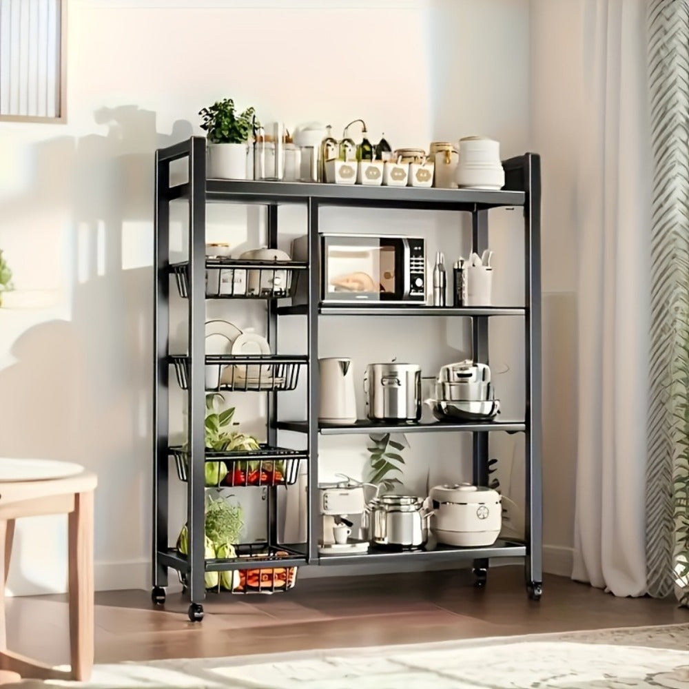 Rolling Baker's Rack with Mesh Baskets & Adjustable Shelves – Metal Frame Kitchen Storage Shelf on Wheels for Kitchen, Bathroom, Living Room & Office
