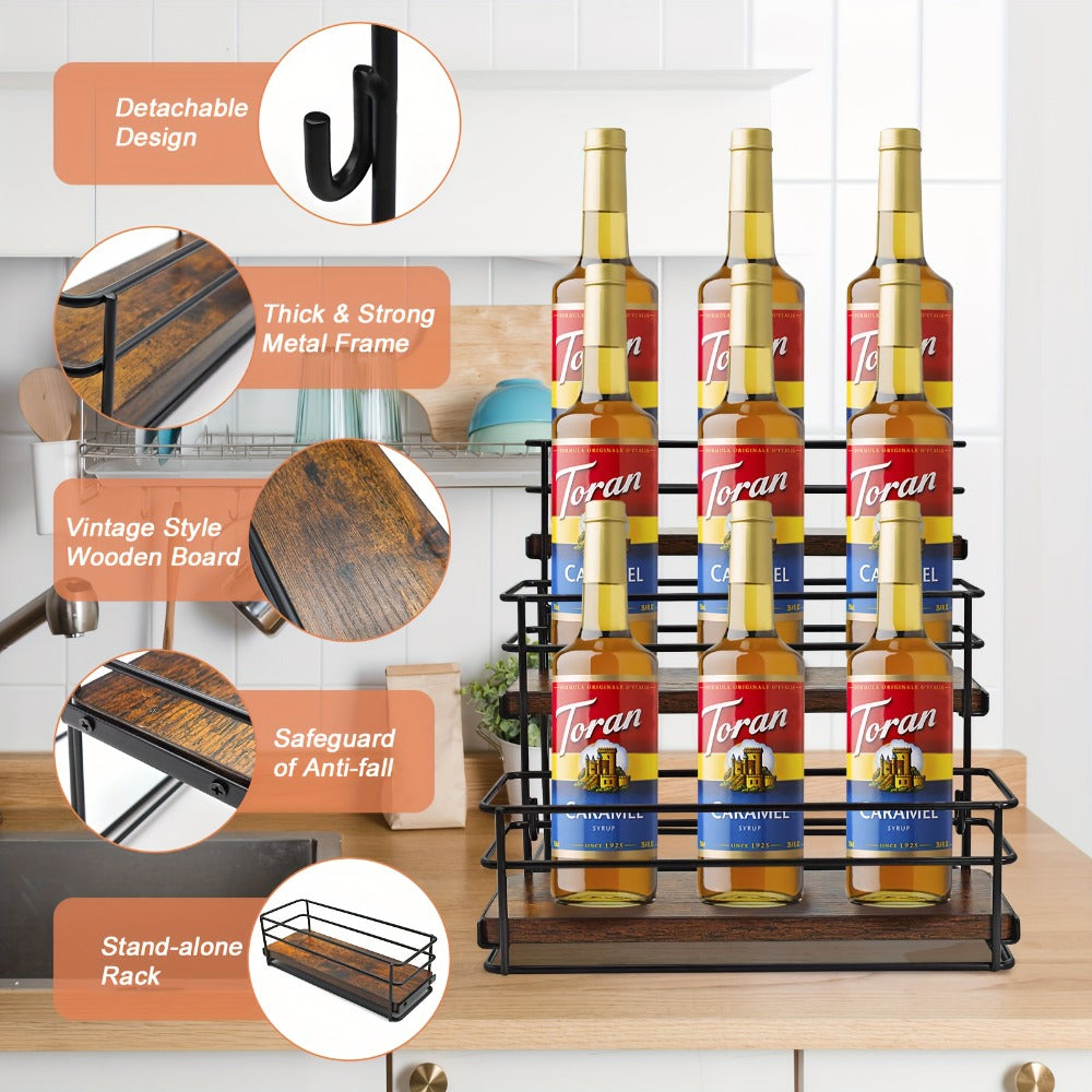 3-Tier Bottle Organizer Rack for Coffee Bar - Countertop Syrup Holder, Liquor Display Stand, No Assembly Required, Kitchen Storage Shelf