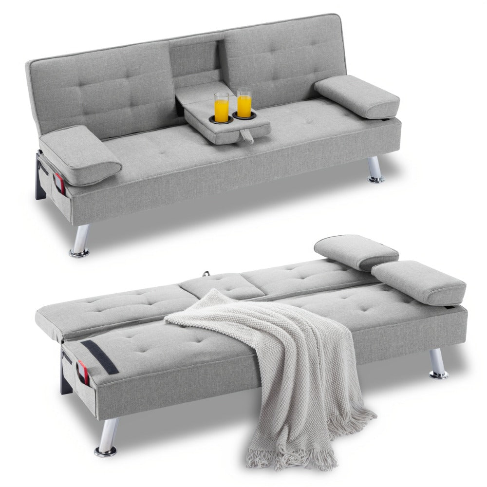 Convertible Futon Sofa Bed 67 Inch Sleeper Couch with Adjustable Backrest, Cup Holders, Detachable Armrests & Side Pocket - Fold Flat Guest Bed for Living Room, Apartment, Dorm