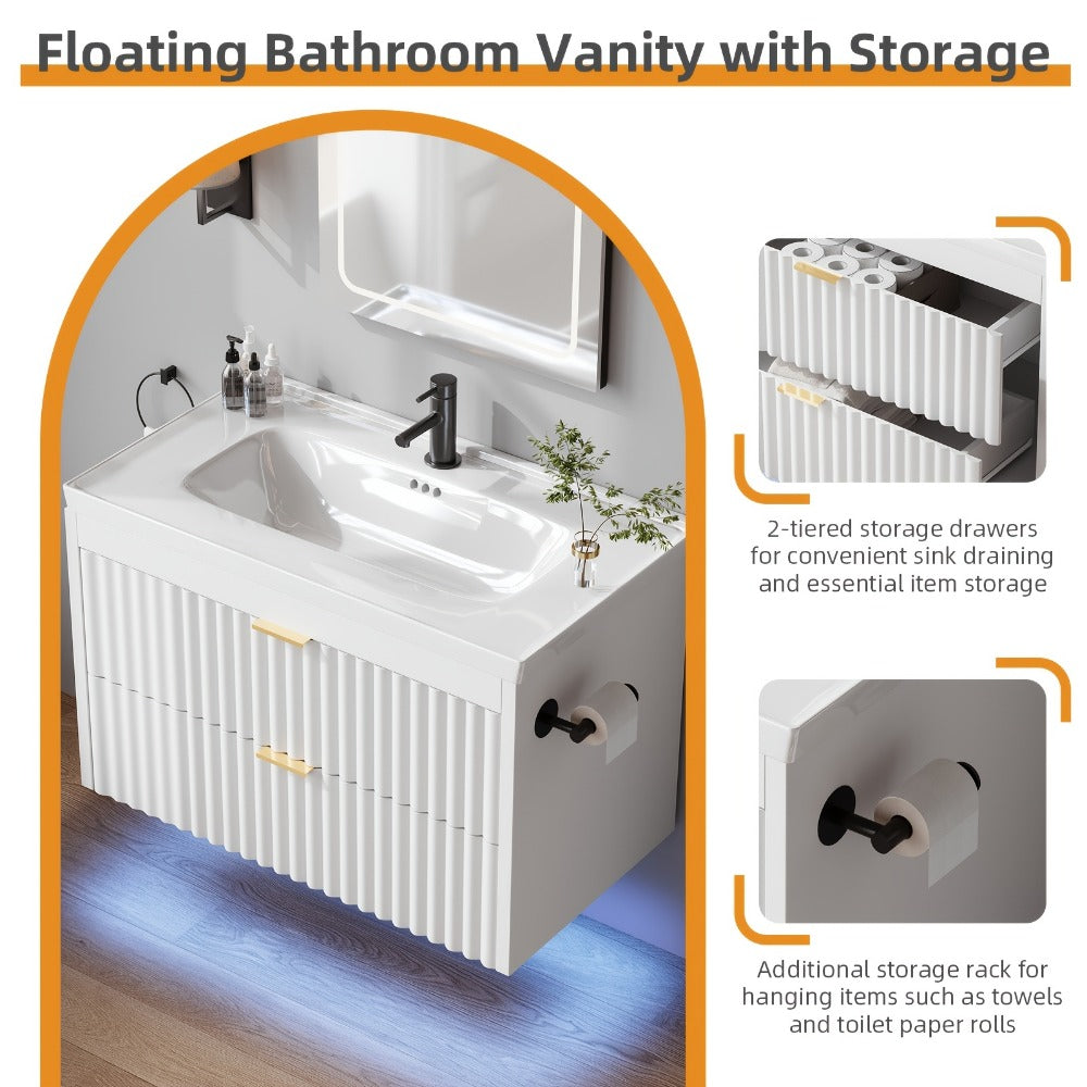 24 Inch Floating Bathroom Vanity with Sink & LED, Wall Mounted Cabinet with 3-Hole Ceramic Sink Wave Line Design 2 Soft-Close Drawers for Small Bathrooms Black White