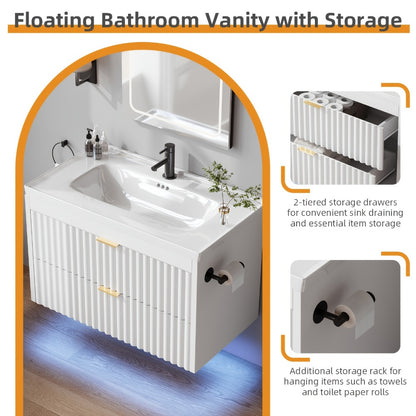 24 Inch Floating Bathroom Vanity with Sink & LED, Wall Mounted Cabinet with 3-Hole Ceramic Sink Wave Line Design 2 Soft-Close Drawers for Small Bathrooms Black White