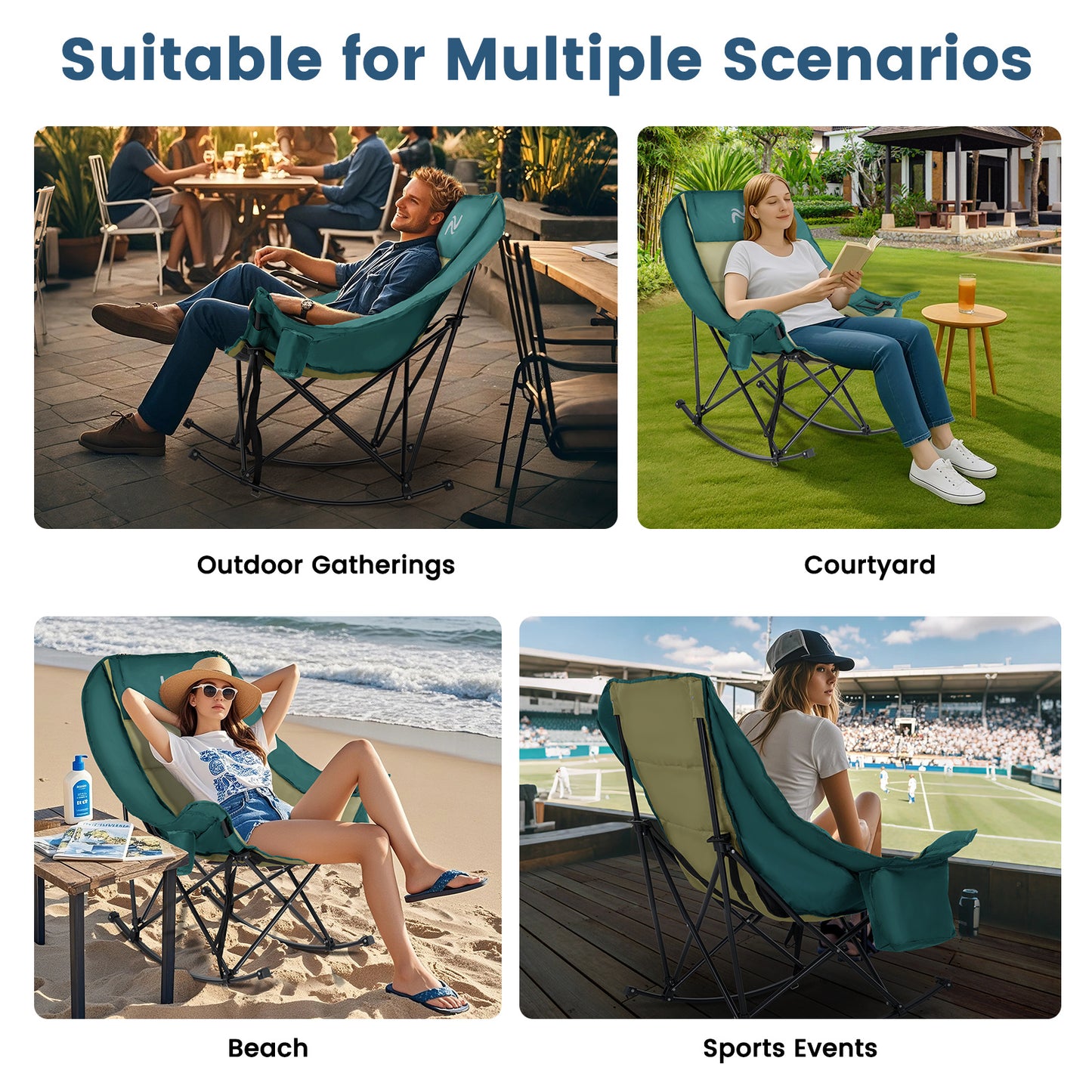 Oversized Rocking Camping Chair, Fully Padded Patio Chair with Cooler Bag and Side Pocket, High Back Portable Lawn Recliner Rocker Chairs for Camp, Patio, Supports 400 lbs