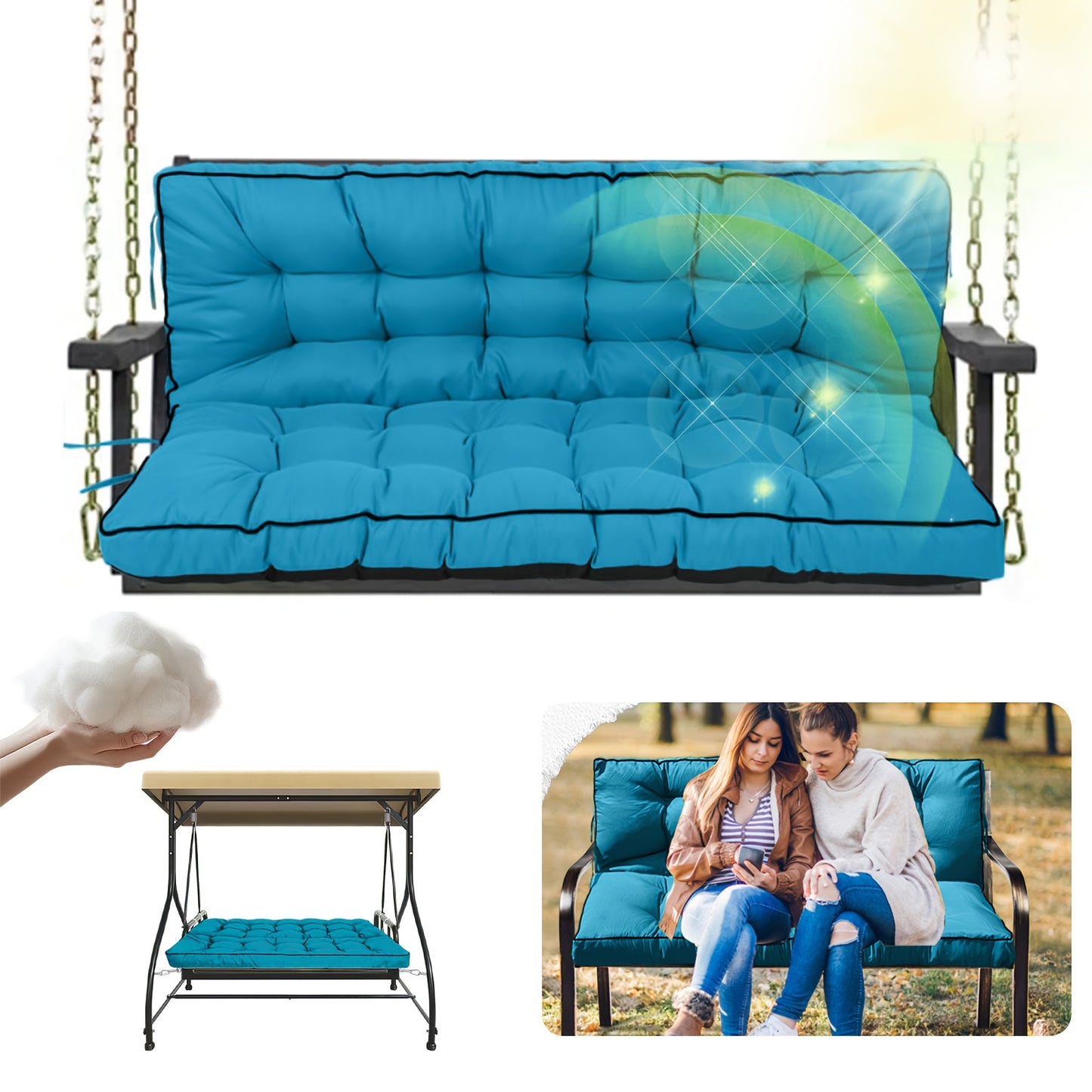 Porch Swing Cushions Waterproof All-Weather Fade-Resistant 60 Inch X 40 Thick 5'' Patio Chair Cushions with Ties for Backyard 2-3 Seater Replacement with Backrest Ergonomic Lumbar Support