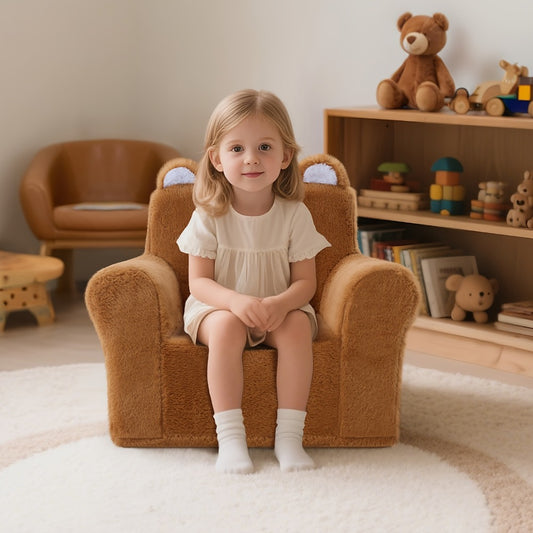 Kids Sofa/Teens - Ultra-Soft Teddy Bear Fleece & Machine-Washable Cover | 19.2"x13"x19.7"Ergonomic Support Chair, 5.6lbs Lightweight | Breathable Skin-Friendly Lounger For Game Room/Playroom (Cozy Beige)