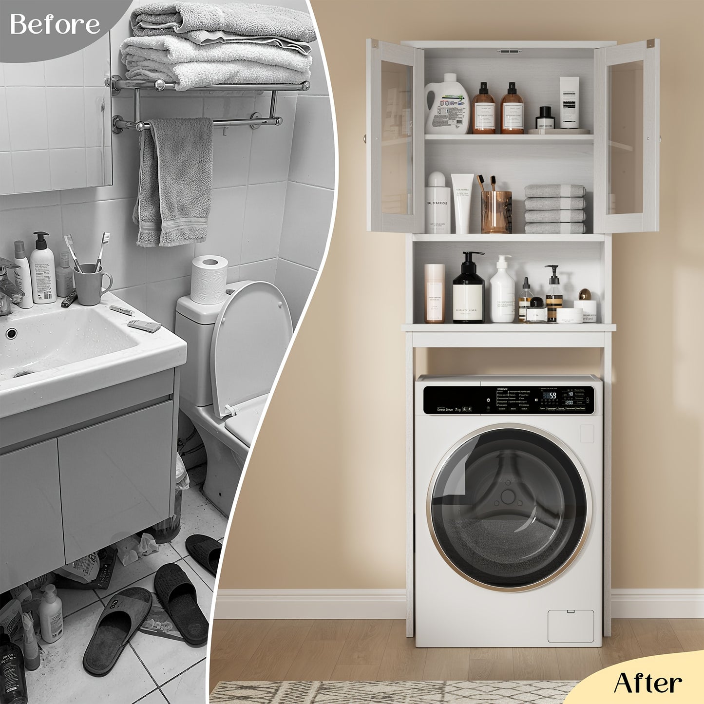 Bathroom Storage Over The Toilet, Bathroom Cabinet Organizer with Adjustable Shelves And Double Glass Doors, Wood Bathroom Space Saver