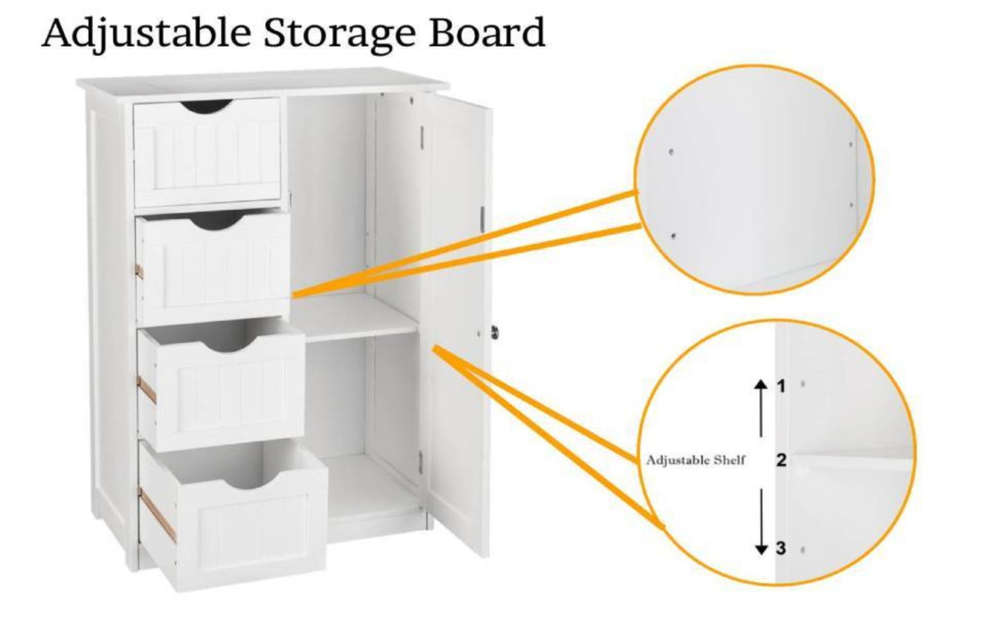 Bathroom Floor Cabinet with 4 Drawers & Cupboard, Side Storage Organizer with 2 Open Shelves, Freestanding Bathroom Vanity Cabinet for Small Spaces, White