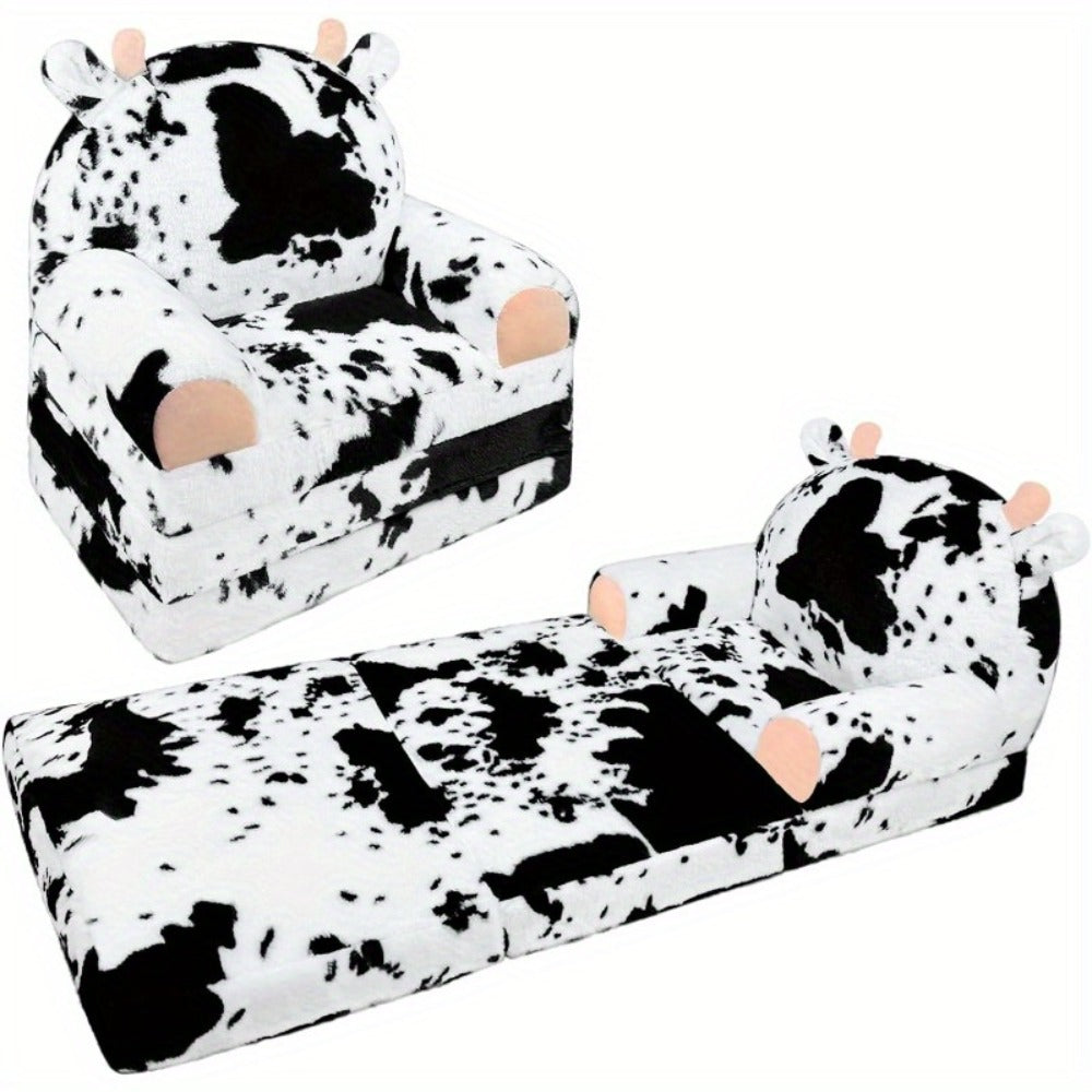Kids Foldable Sofa Chair, Soft Plush Milk Cow Pattern 2-in-1 Flip Open Children's Lounger, Removable Washable Cover, Lightweight Comfy Animal Chair for Boys & Girls Reading Nook