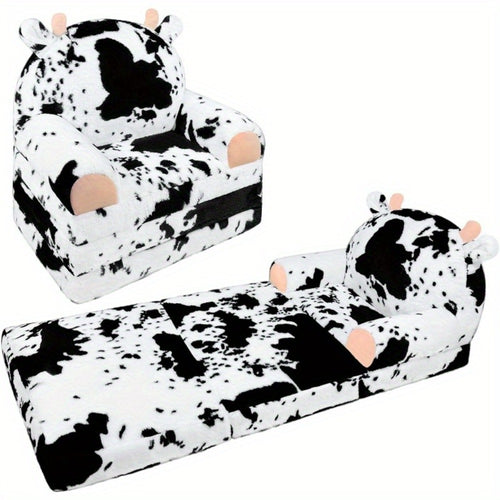 Kids Foldable Sofa Chair, Soft Plush Milk Cow Pattern 2-in-1 Flip Open Children's Lounger, Removable Washable Cover, Lightweight Comfy Animal Chair for Boys & Girls Reading Nook