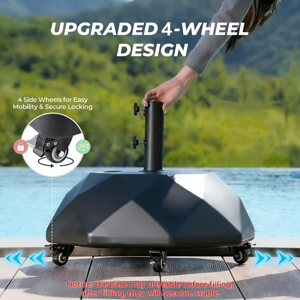 Heavy Duty Patio Umbrella Stand Base with Wheels – Refillable HDPE 95–225 LB, 4 Wheels, 2 Locks, Fits 6–12ft Umbrellas, Rolling Market Umbrella Weight Base for Lawn, Garden, Deck & Poolside