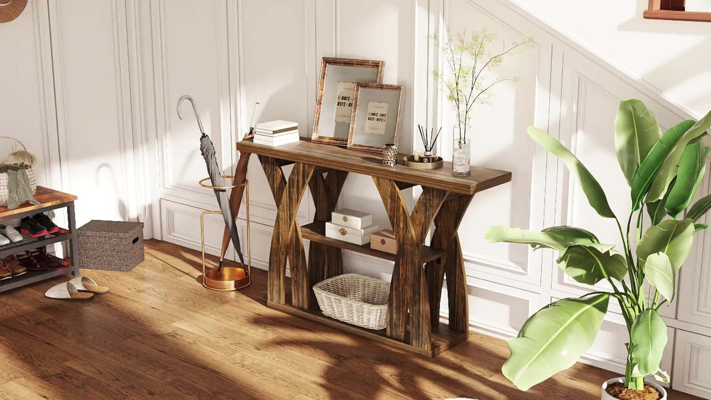 55 Inch Rustic Console Table X-Shaped Legs 2-Tier Shelf – Wooden Sofa Table for Living Room Entryway Hallway & Behind Couch, Light Brown & Tiger Brown